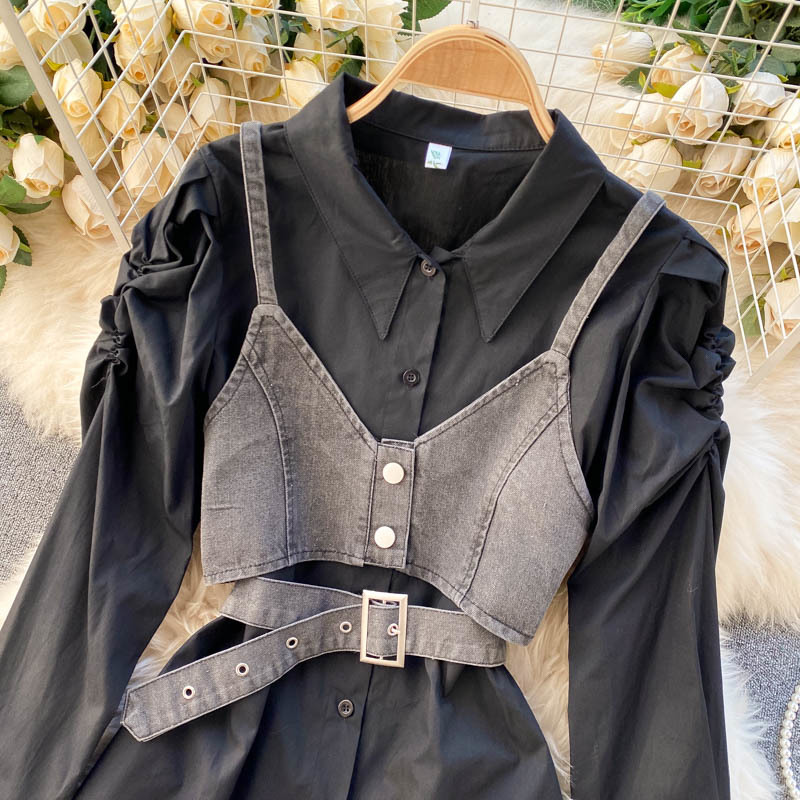 Nomikuma Korean Women 2pieces Sets Puff Sleeve Blouse Shirt + Buttons Belt Slim Waist Short Jeans Vest Spring Tops 6E616 210427