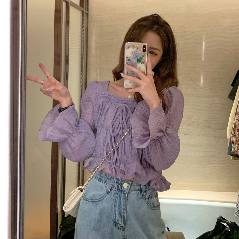 Nomikuma Korean Pleated Lace Up Square Collar Blouse Shirt Causal Flare Sleve Short Women Top Spring New Blusa Mujer 6F459 210427