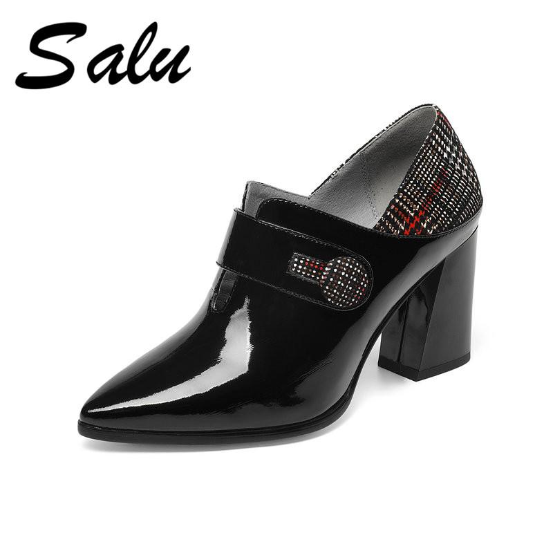 Dress Shoes Salu 2021 Genuine Leather Women Pumps Solid Fashion Pointed Toe Square High Heel Casual Big Szie 33-43, Black