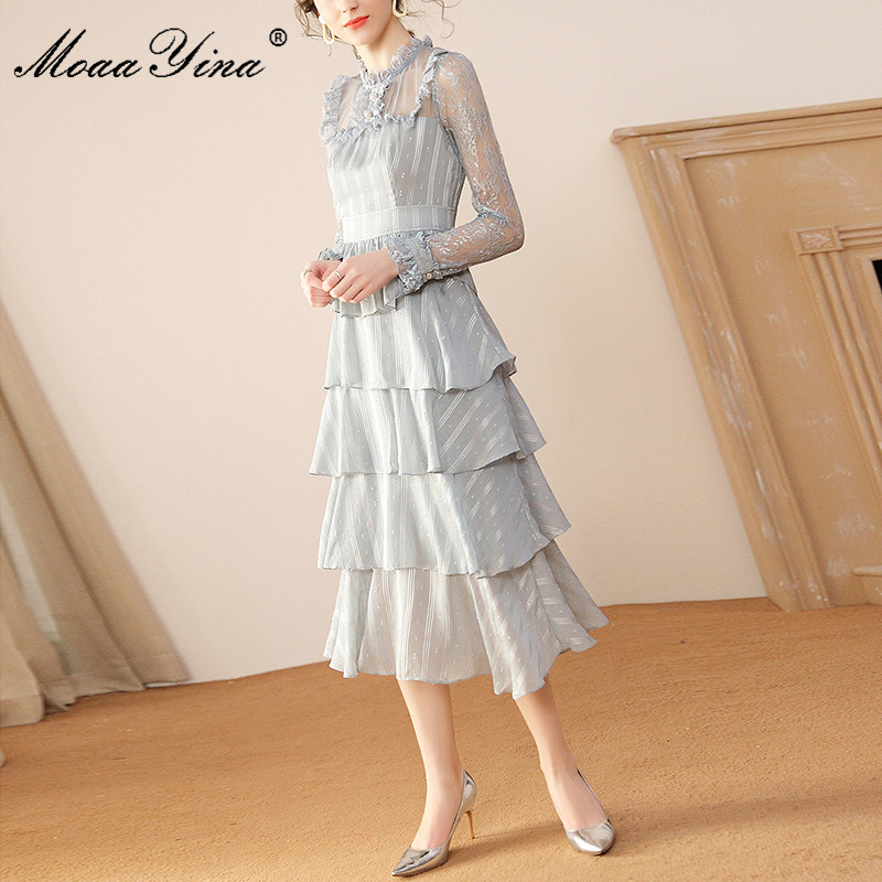 Fashion Runway dress Spring Women Dress Lace Stand collar Mesh Long sleeve Cascading Ruffle Elegant Party Cake Dresses 210524