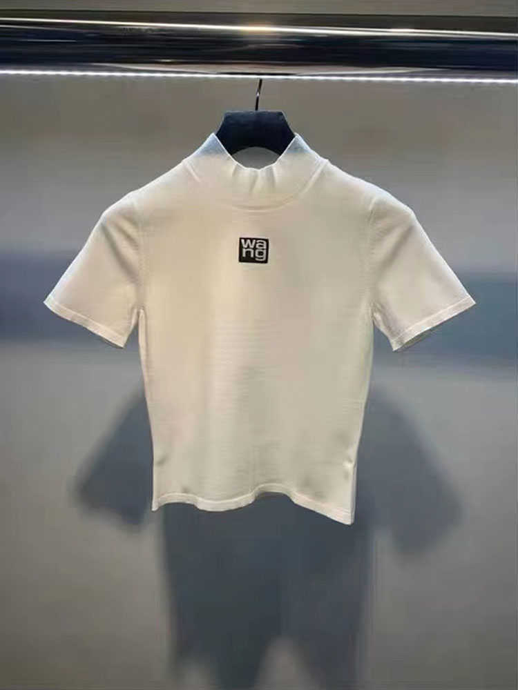 Slim-Fit Knited Tshirts for Women Summer Print Letter Pullover Short Sleeve T-shirt Female Crop Tops Graphic Tees 210722