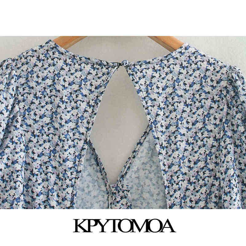 Women Chic Fashion Floral Print Ruffled Midi Dress Backless Puff Sleeve Slit Female Dresses Vestidos 210420