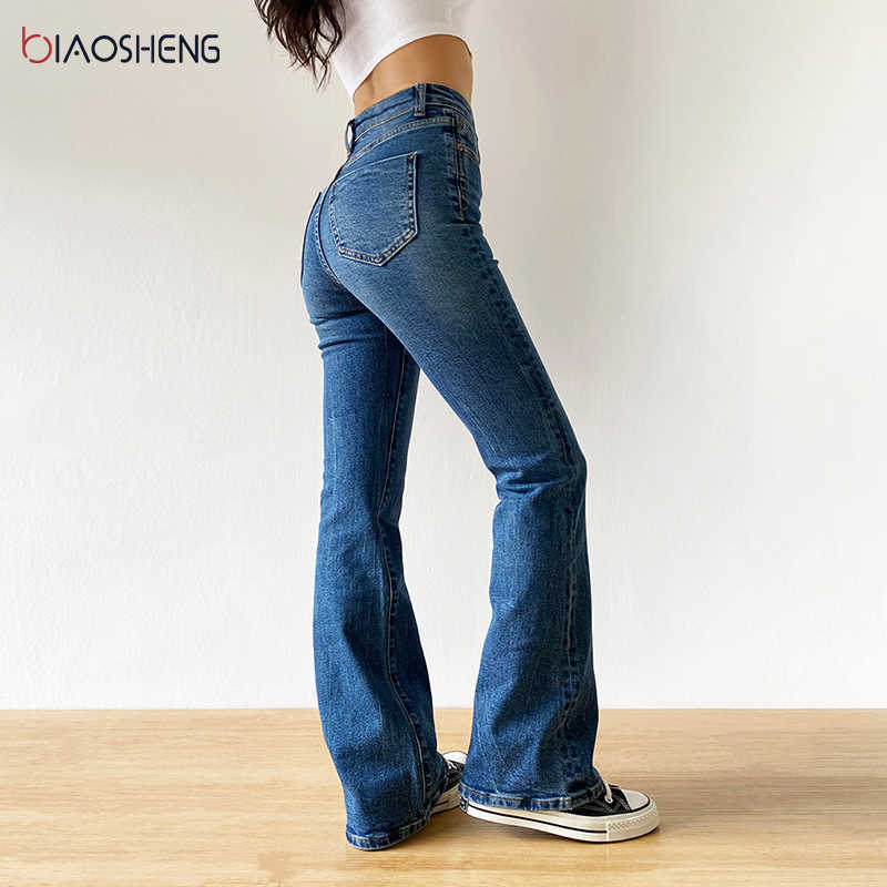 BiaoSheng Flared Jeans Woman High Waist Denim Trousers For Female Blue Elastic Skinny Fashion Classic Oversize Wide Leg Pants 210922