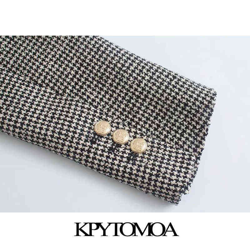 KPYTOMOA Women Fashion Houndstooth Fitted Blazer Coat Vintage Long Sleeve Flap Pockets Female Outerwear Chic Veste Femme 211122