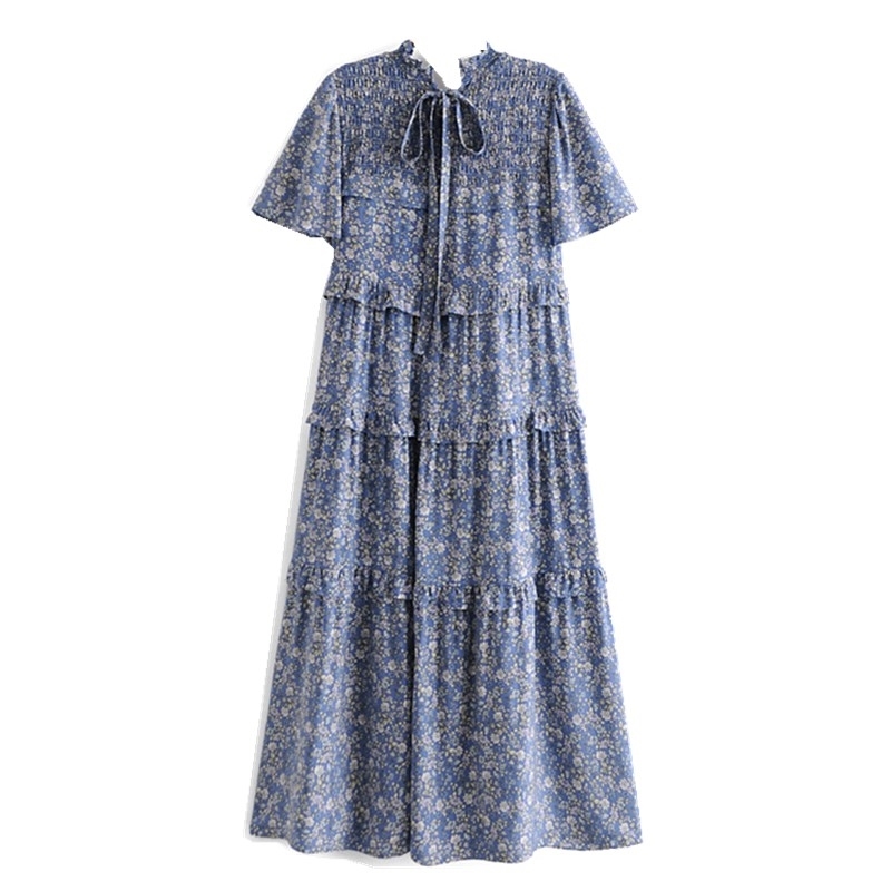 Spring Bohemia Spliced Wood ears Ruffles Dress Hippie Women Ruched Tie Bow Back Midi Dresses Holiday Autumn 210429