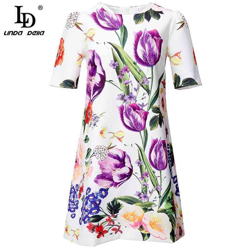 Fashion Runway Summer Vintage Mini Dress Women Short Sleeve O-Neck Flower Print Ladies Holiday Party Vestid 210522