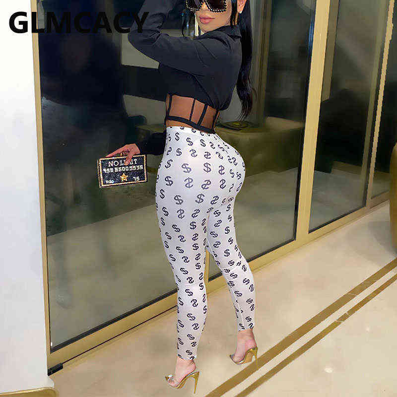 Women USD Symbol Printed Pants Casual Skinny Fitness Trousers 211115