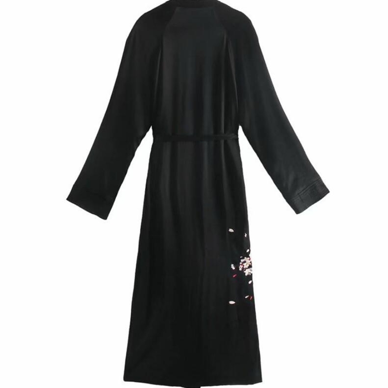 Spring Bohemian Satin Phoenix Embroidery Kimono Cardigan Women Tie Bow Sashes Long Jacket Coat Black Outerwear Holiday 210429