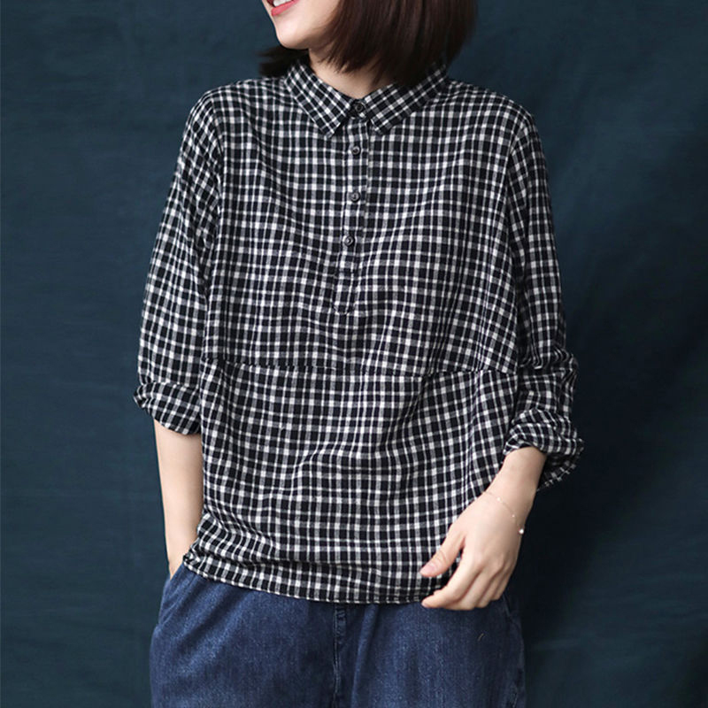 Spring Arts Style Women Long Sleeve Turn-down Collar Loose Shirts Cotton Linen Plaid Casual Blouses Femme Tops Plus Size S701 210512
