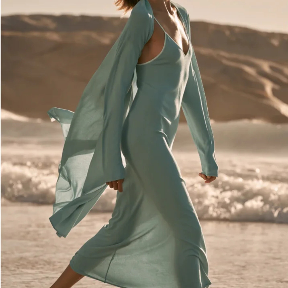 BBWM V Neck Solid Dresses Thin All Match Simple Fashion Sandy beach Casual Women Dress Vestidos Clothes 210520