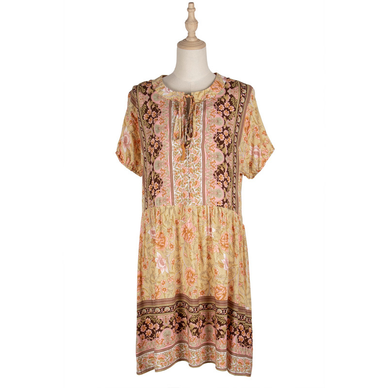 Tie Neck Button Front Boho Holiday Style Floral Print Dresses Women Summer Casual Straight Mini Dress Female 210510