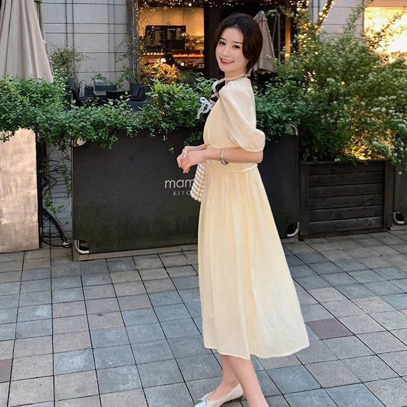Dress Korean Summer Elegant Midi Dress Women Casual Short Sleeve Beach Solid Dress Female Evening Party Basic 210521