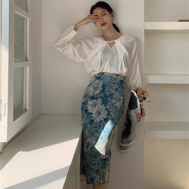 women midi skirt painting retro sunflower printed high waist pencil summer Victorian vintage harajuku faldas largas jupe 210421