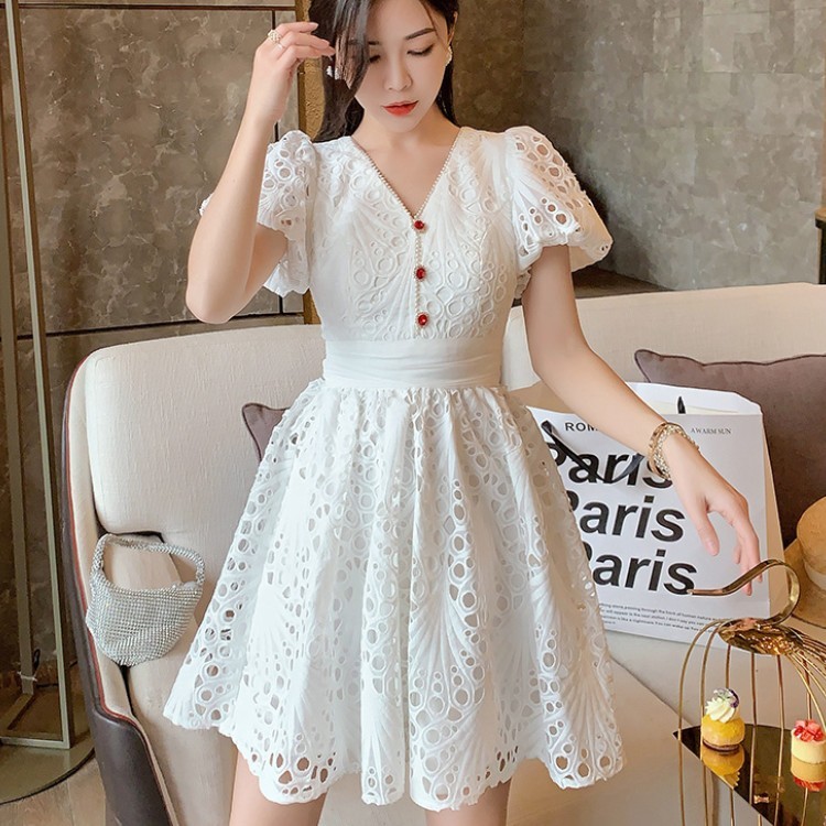 White Lace Hollow out Woman's Dress V-Neck High Waist Puff Sleeve Vestidos Summer Ladies Elegant Vintage Dress Female 210518