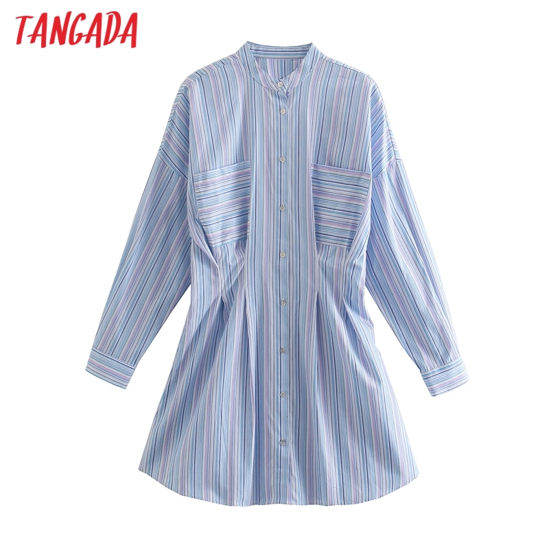 Fashion Women Colorful Striped Print Shirt Tunic Long Sleeve Ladies Mini Dress 4N6 210416