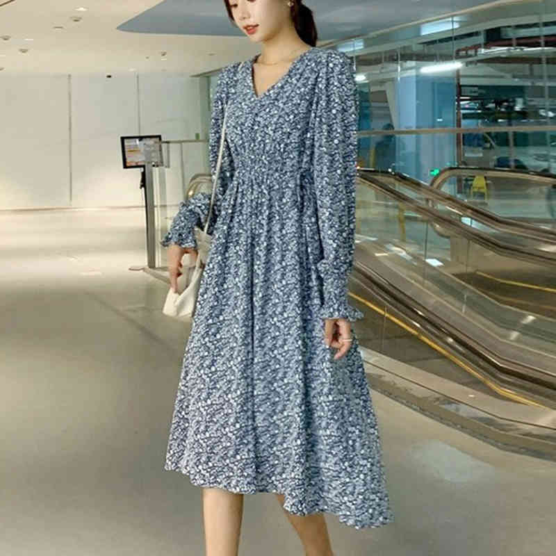Korean A-Line V-Neck Elegant Dress Women Summer Long Sleeve Midi Chiffon Floral Party es For Vestidos 12093 210508