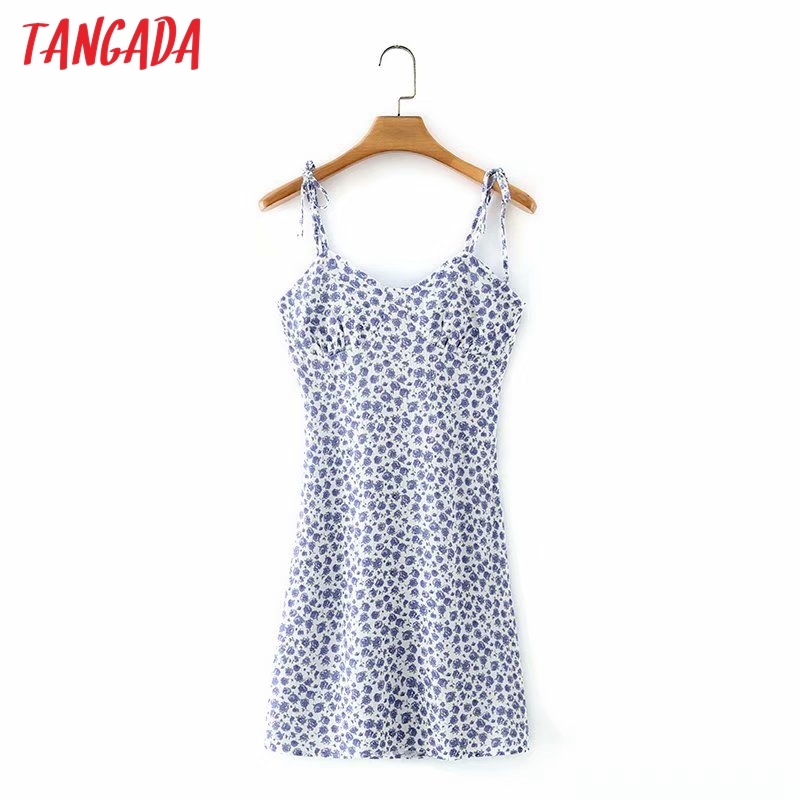 Summer Women Blue Floral Print Mini Strap Adjust Ladies Dress Vestidos 2M145 210416