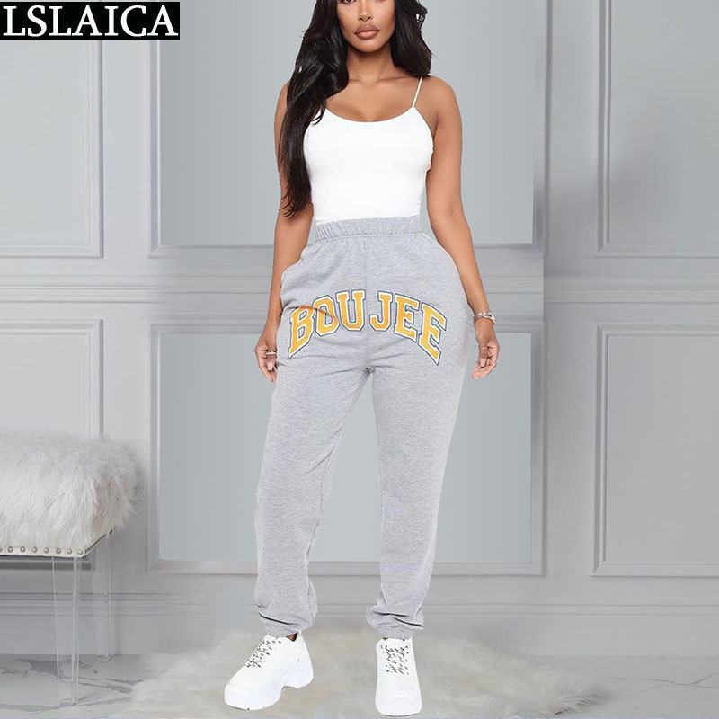 Fashion Woman Pants Streetwear Elegant Sports All-match Letter Print Casual Pocket Loose Pattern Femme Pantalon 210515