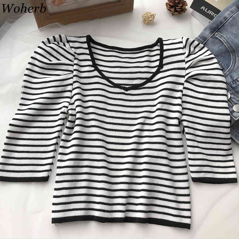 Crew Neck Short-sleeved Sweater Bottoming Shirt Women's T-shirt Loose Thin Striped Puf Sleeve Vintage Spring Summer Blusa 210519