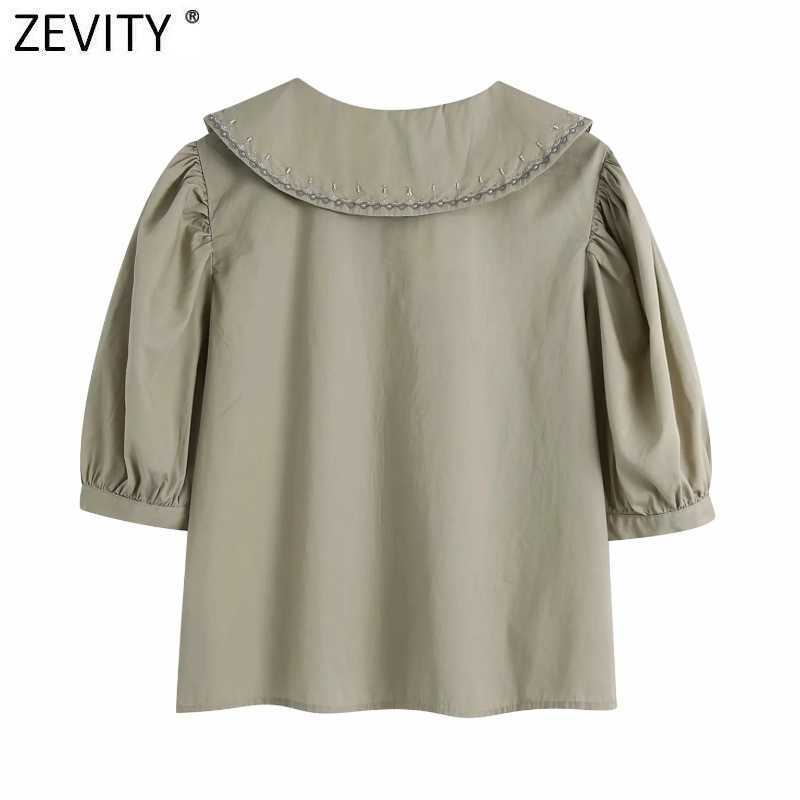 Zevity Women Vintage Turn Down Collar Floral Embroidery Smock Blouse Female Pleat Puff Sleeve Shirt Chic Blusas Tops LS9362 210603