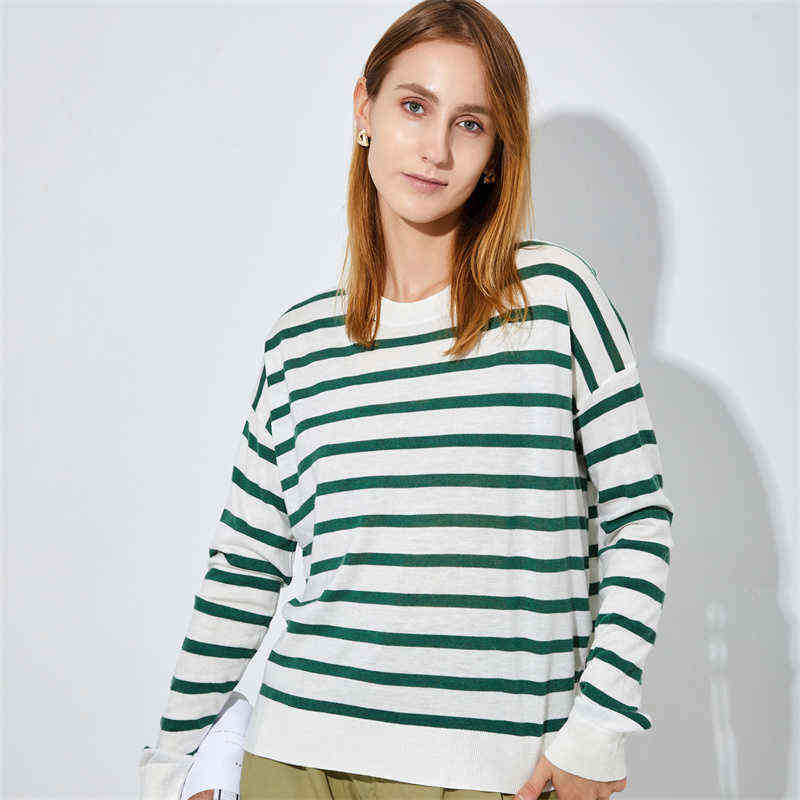GCAROL Women Color Spliced Stripes Sweater Drop Shoulder Loose Elegant Knit Pullover Soft Stretch Spring Autumn Winter Jumper 211109