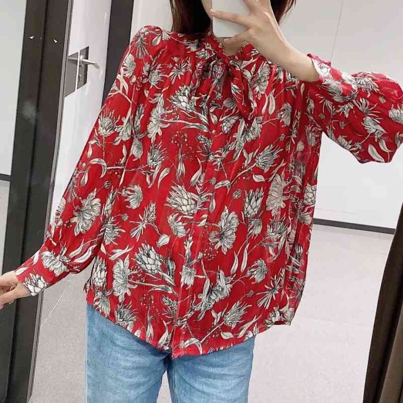 Women Floral Printing Bow Tie Loose Shirts Female Long Sleeve Blouses Casual Lady Tops Blusas S8178 210430