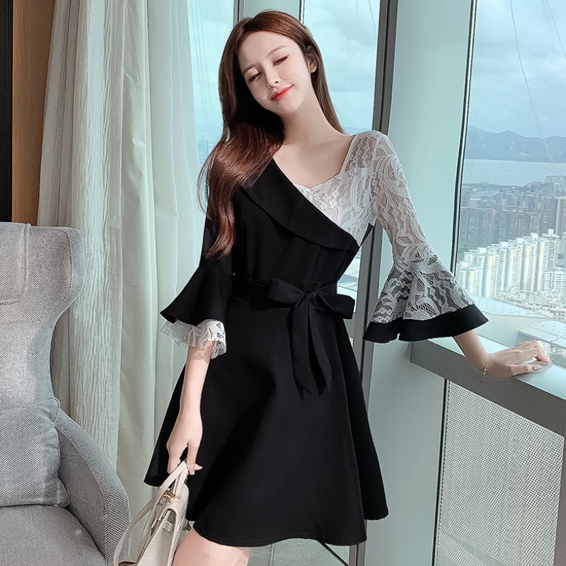 Korean Spring Elegant Mini Party Dress Fashion Women Casual Belt Lace Flare Sleeve Splicing Vintage Female 210519