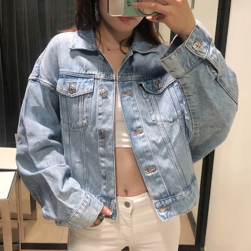 Fashion Blue Denim Jacket Women Streetwear Cotton Long Sleeve Pockets Coat Turn Down Collar Loose Casual Jeans Jackets 210515