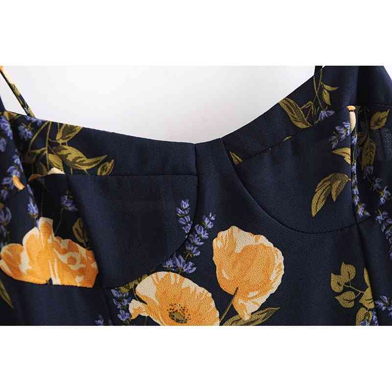 French Summer Navy Blue Floral Print Bandage Spaghetti Strap Midi Dress Retro Sexy Women Lacing Up Sling Slit Vestido 210429