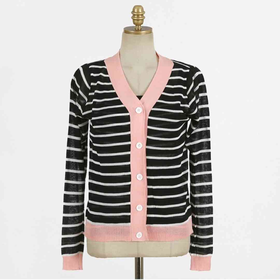 Summer Striped Knitted Cardigan With Vest Women Full Sleeve V-neck Single Breasted Sweater Korean Elegant Ladies Jumpers 210514