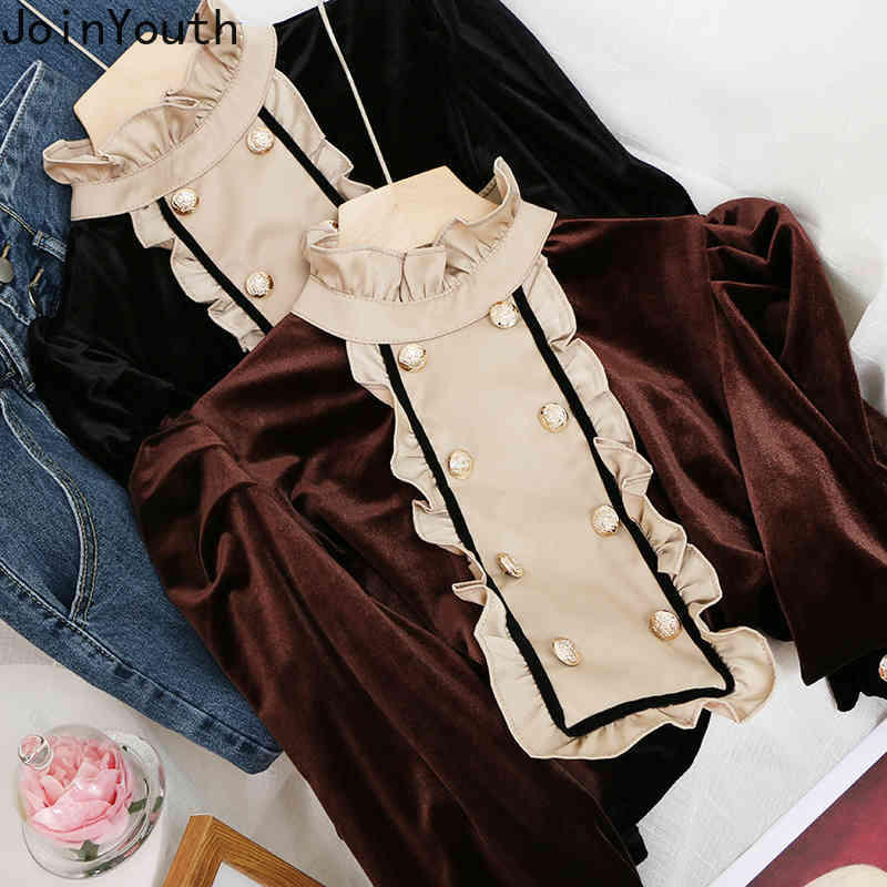 Neploe Blusas Mujer De Moda Stand Neck Ruffles Slim Blouses Women Patchwork Double-breasted Shirt Korean Chic Tops 4G302 210422