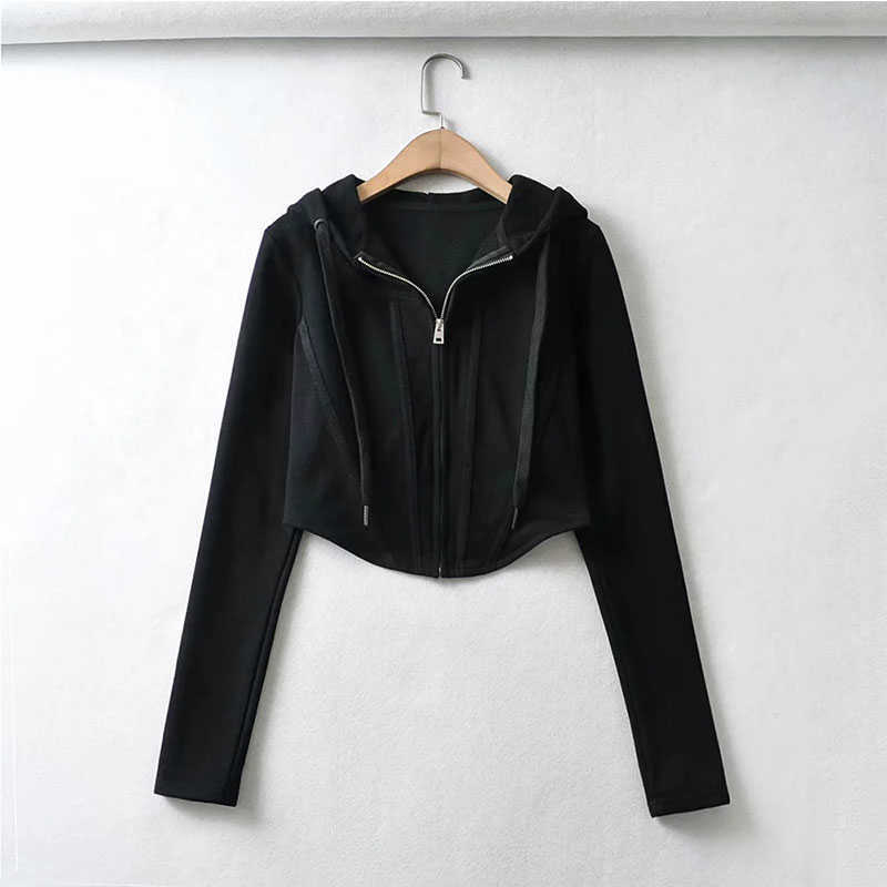 Sweatshirt Women Black Tunic Crop Hoodie Sweatshirts Zipper Spring Ladies Pullovers Pocket Hooded Tops 210628
