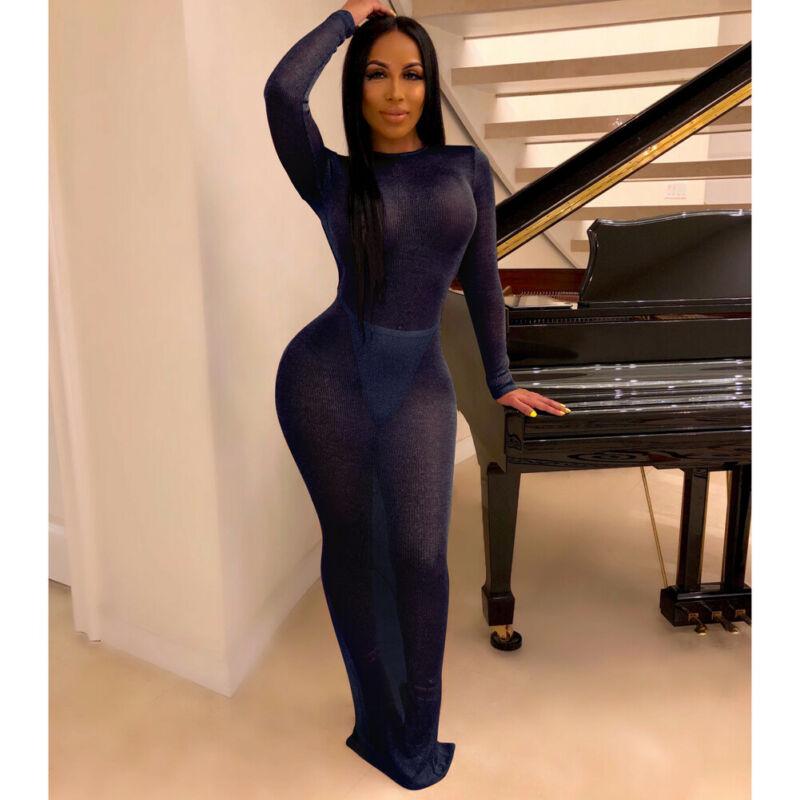 Women Sexy Club Seee-through Maxi Dress Long Sleeve Bodycon Evening Party Casual Dresses
