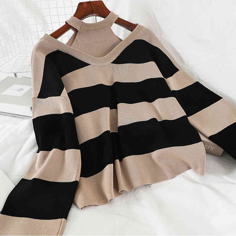 2PCS Set Women Knitted Pullovers Sweater Halter Stripe Knit Jumper Tops + Wide Leg Long Pants Suits Tracksuits 210506