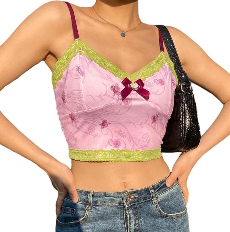 Women Sexy Camisole Adults Casual Butterfly Pattern V-neck Lace Trim Tank Top (Green) Women's Tanks & Camis