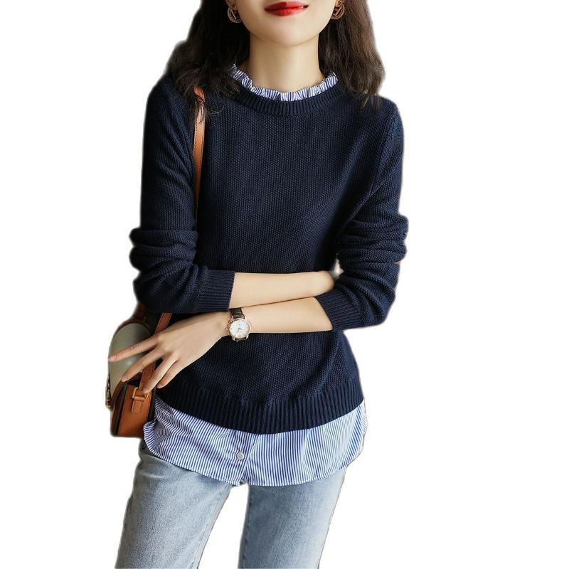 Women' Sweaters Fake Two-piece Shirt Stitching Knit Sweater Women Spring Autumn Style Chic Wood Ear Stand Collar Blouse, Blue
Women' Sweaters Fake Two-piece Shirt Stitching Knit Sweater Women Spring Autumn Style Chic Wood Ear Stand Collar Blouse, Blue