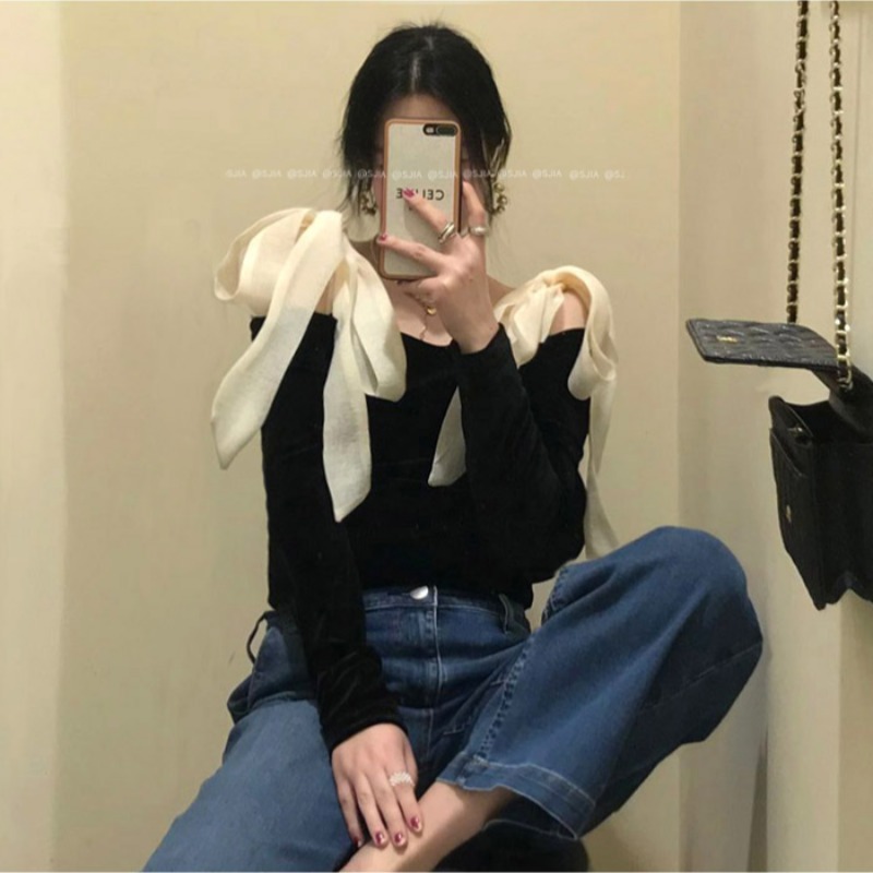 Bow Bandage Off Shoulder Long Sleeve Blouse Women Elegant Patchwork Black Tops Shirt Korean Fashion Blusas 210519