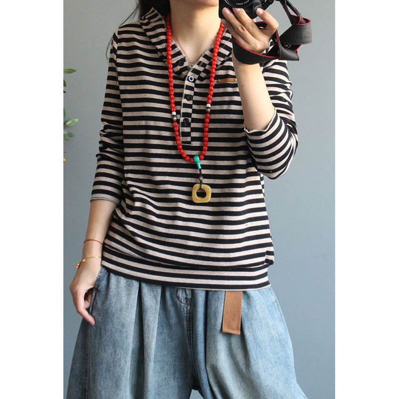 Spring Autumn Arts Style Women Long Sleeve Casual Hooded Pullovers Cotton Striped Loose Hoodies High Quality M501 210512