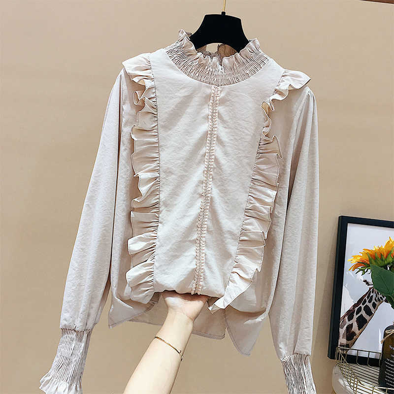 Solid Pleated Ruffles Patchwork Stand Shirt for Women's Spring Blouse 210615