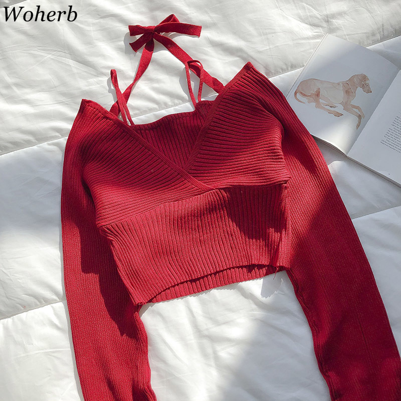 Woman Sweaters Chic Korean Crop Tops Sexy Lady Knitted Cropped Pullovers V-neck Lace Up Jumper Slim Fit Sueter Coat 4G625 210519