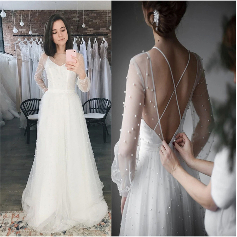 Sexy Scoop Long Sleeves Pearls Beaded A-Line Wedding Dresses Criss Cross Back Bridal Gowns Spring Robe De Mariee Beach Bride