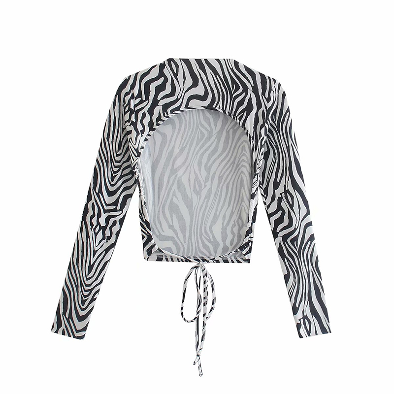 Y2K Girls Backless Blouses Summer Fashion Ladies Zebra Stripe Tops Vintage Women Streetwear Short Blouse Female Chic 210430