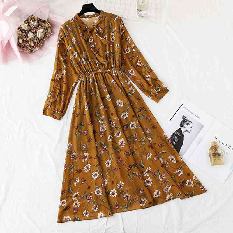 Spring Summer Women Chiffon Dresses Bow Casual Long Sleeve Floral Print Midi Dress Elegant Party Dress Vestidos Mujer 210521