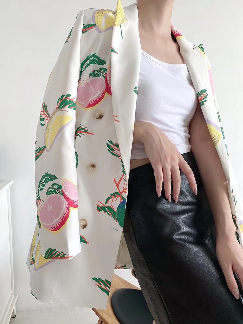 Autumn CHIC Double Breasted Buttons Fruit Print Blazer Boyfriend Vintage Women Mid Long Suit Coat Loose Femme 210429