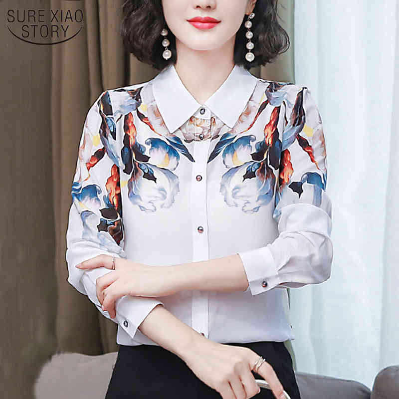 Vintage Print Blouse Women Shirts Silk Office Lady Long Sleeve Shirt Spring and Autumn Elegant Blusas Chemisier Femme 10720 210506
