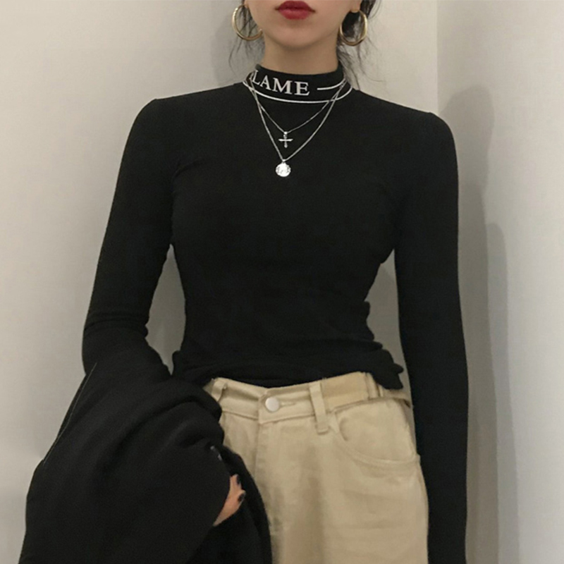 Nomikuma Korean Letters Turtleneck Women T Shirts Stretch Slim Autumn Winter Warm Bottom Tee Tops New Sexy Tshirt 6C718 210427