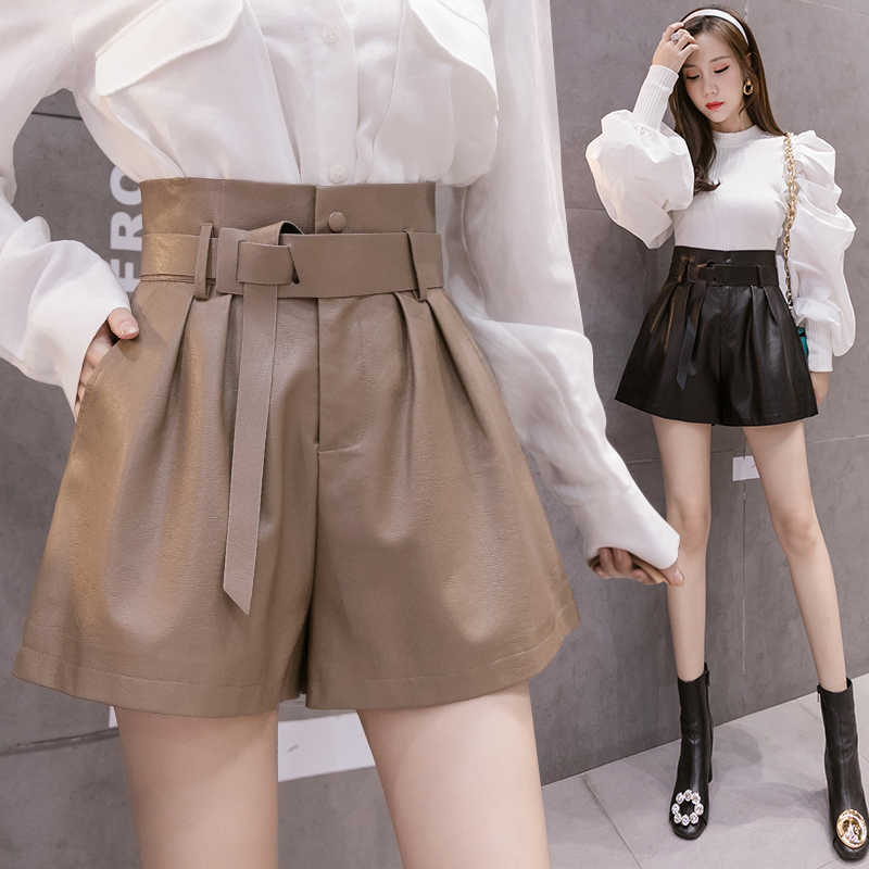 Autumn Winter Black PU Faux Leather Women's Shorts Sashes High Waist Wide Leg Elegant Female Solid Trousers 210714