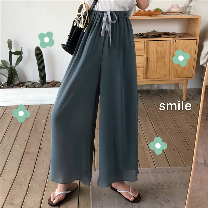 Pants & Capris Summer Loose High Waist Black Chiffon Wide Leg Pant Women Thin Ankle Length Retro Casual Elastic Fashion 210429