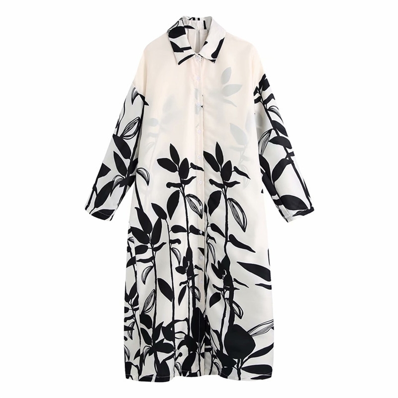 PUWD Oversize Women Turn-down Collar Dress Spring-autumn Fashion Ladies Chinese Style Loose Printed 210522