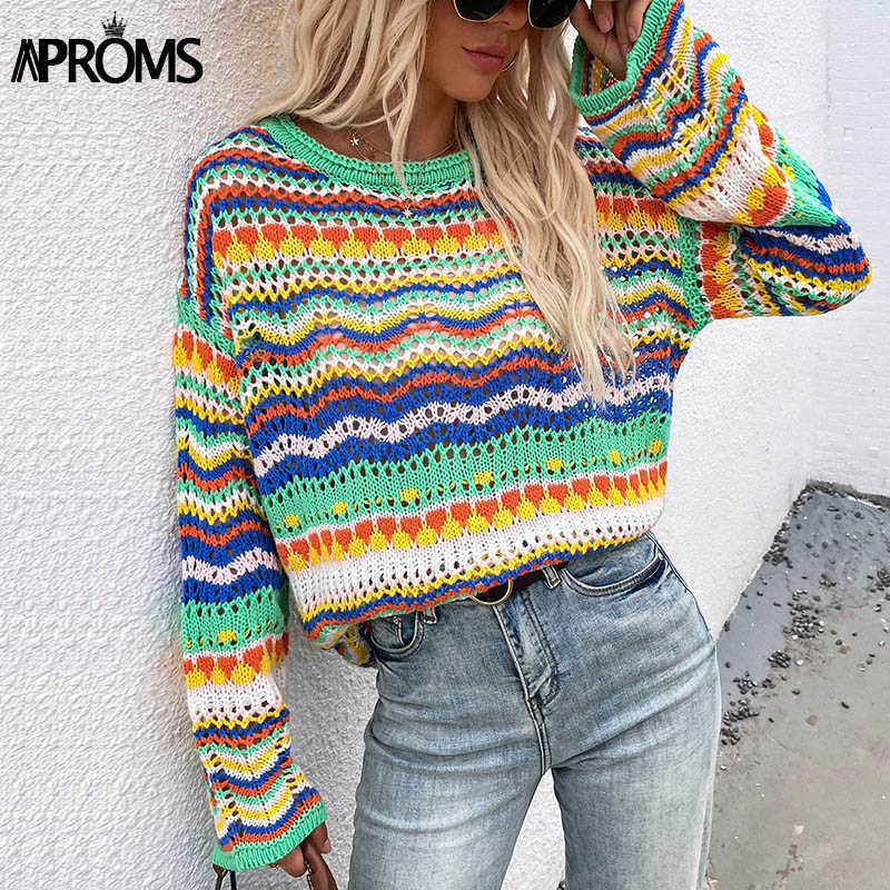 Aproms Multi Color Blocked Knitted Pullover Women Summer Casual Flare Sleeve Hollow Out Sweater Cool Girls Fashion Jumper 211007
